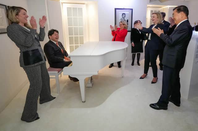 Japan’s Foreign Minister Yoshimasa Hayashi is applauded by G7 counterparts after playing “Imagine” on a replica of John Lennon’s piano.
