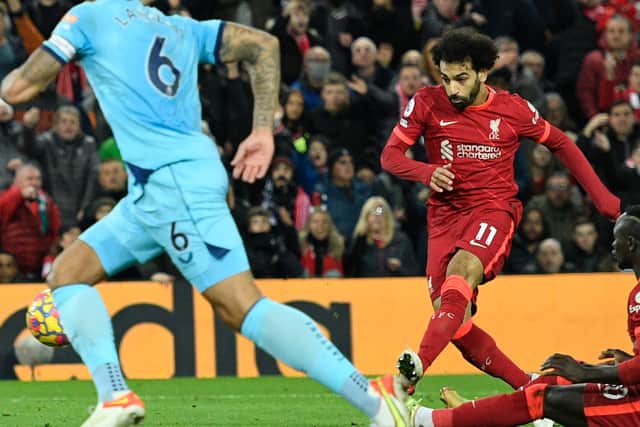 Mo Salah puts Liverpool 2-1 ahead against Newcastle. Picture: OLI SCARFF/AFP via Getty Images