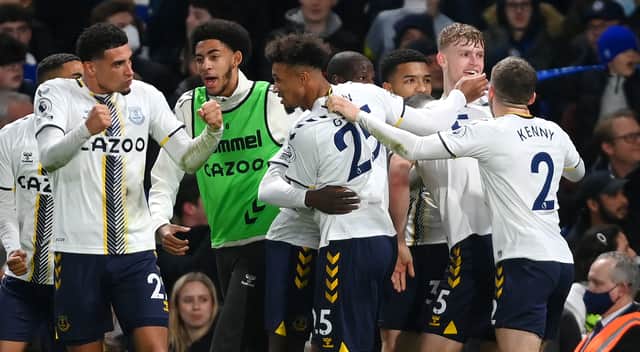 <p>Everton celebrate Jarrad Branthwaite’s equaliser in their 1-1 draw with Chelsea. Picture: Mike Hewitt/Getty Images</p>