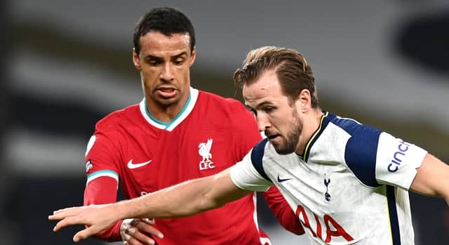 Liverpool’s Joel Matip battles Tottenham’s Harry Kane. Picture: Shaun Botterill/Getty Images