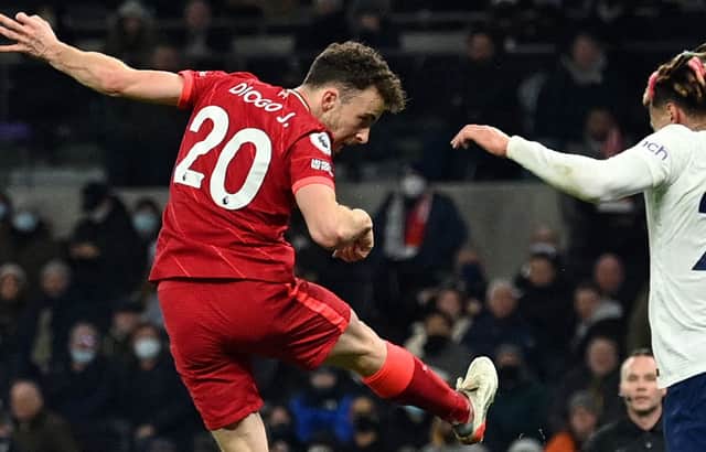 Diogo Jota heads home Liverpool’s equaliser against Spurs. Picture: JUSTIN TALLIS/AFP via Getty Images