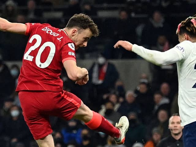 Diogo Jota heads home Liverpool’s equaliser against Spurs. Picture: JUSTIN TALLIS/AFP via Getty Images