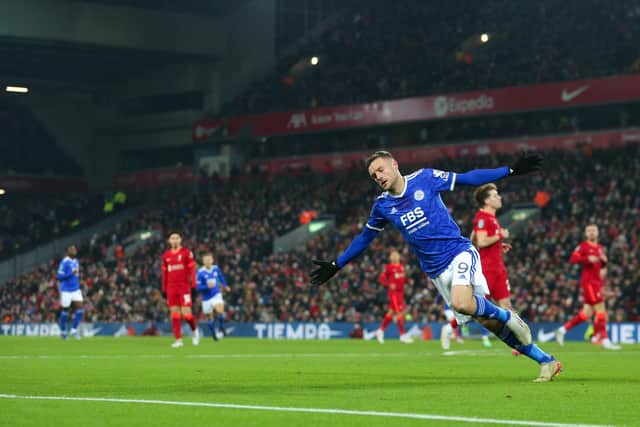 Jamie Vardy of Leicester City celebrates after scoring a goal to make it 0-1 during the Carabao Cup Quarter Final match between  Liverpool and Leicester City at Anfield on December 22, 2021 in Liverpool, England. (Photo by Robbie Jay Barratt - AMA/Getty Images)
