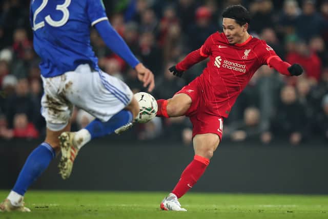 Takumi Minamino nets Liverpool’s last-minute equaliser against Leicester. Picture: Robbie Jay Barratt - AMA/Getty Images