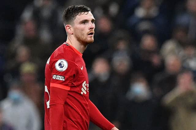 Andy Robertson was sent off in Liverpool’s 2-2 draw with Tottenham. Picture: JUSTIN TALLIS/AFP via Getty Images