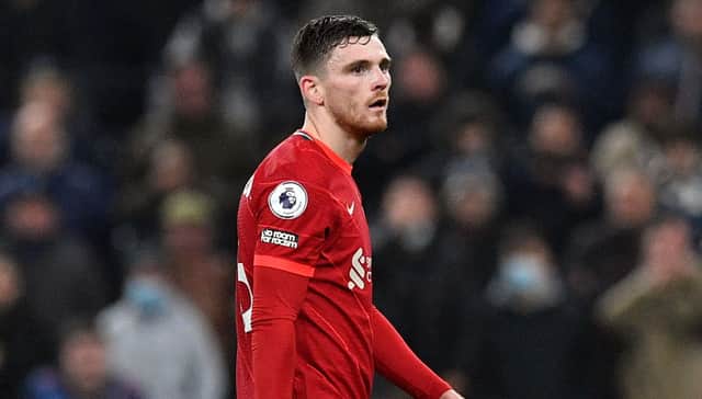 <p>Andy Robertson was sent off in Liverpool’s 2-2 draw with Tottenham. Picture: JUSTIN TALLIS/AFP via Getty Images</p>