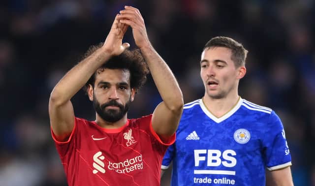 <p>Mohamed Salah applauds the fans after Liverpool’s loss at Leicester. Picture: Laurence Griffiths/Getty Images</p>