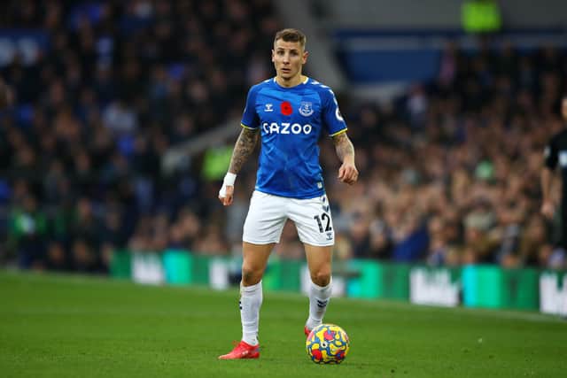 Lucas Digne of Everton controls the ball during the Premier League match between Everton  and  Tottenham Hotspur at Goodison Park on November 07, 2021