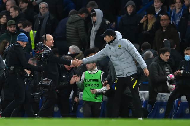 Managers Rafa Benitez of Everton and Thomas Tuchel of Chelsea shakes hands after the Premier League match between Chelsea  and  Everton at Stamford Bridge on December 16, 2021