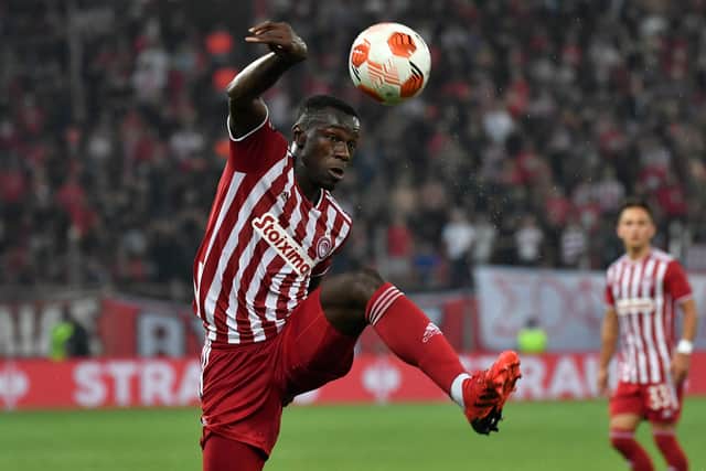 Olympiacos’ Aguibou Camara controls the ball during the UEFA Europa League Group D football match between Olympiacos FC and Royal Antwerp FC at the Georgios Karaiskakis stadium, in the Piraeus, on the outskirts on Athens, on September 16, 2021