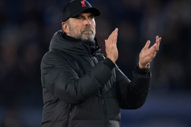 Liverpool manager Jurgen Klopp applauds the fans after the Premier League match between Leicester City  and  Liverpool at The King Power Stadium on December 28, 2021 in Leicester, England.