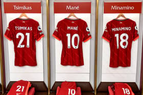 Liverpool shirts hanging in the Anfield dressing room. Picture:  Andrew Powell/Liverpool FC via Getty Images