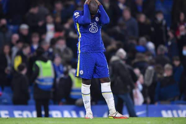 Romelu Lukaku of Chelsea cuts a dejected figure during the Premier League match between Chelsea and Brighton & Hove Albion at Stamford Bridge on December 29, 2021 in London, England. (Photo by Justin Setterfield/Getty Images)
