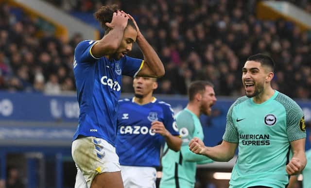Dominic Calvert-Lewin dejected after his penalty miss in Everton’s clash with Brighton. Picture: PAUL ELLIS/AFP via Getty Images