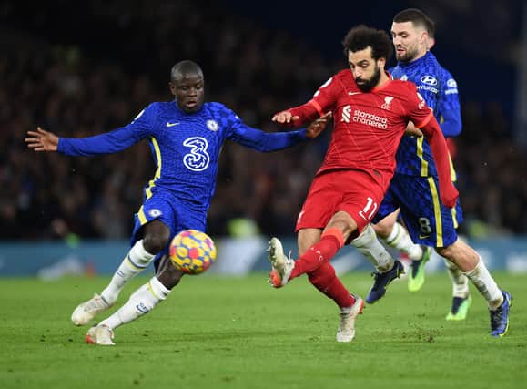 Mohamed Salah of Liverpool during the Premier League match between Chelsea  and  Liverpool at Stamford Bridge on January 02, 2022 in London, England. (Photo by John Powell/Liverpool FC via Getty Images)
