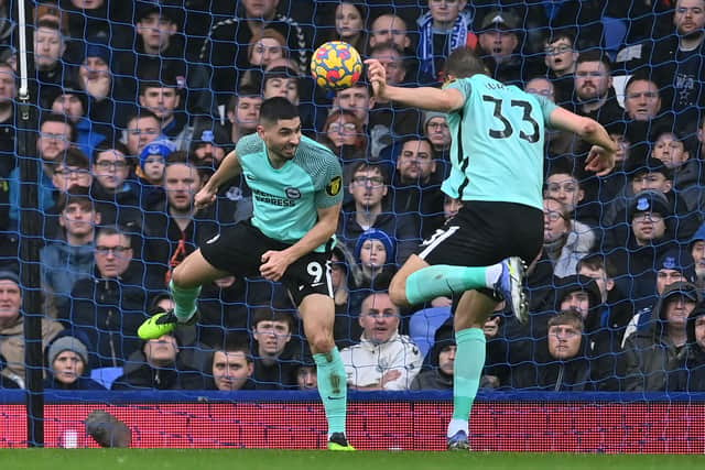 Dan Burn heads home Brighton’s second goal unmarked against Everton. Picture: PAUL ELLIS/AFP via Getty Images