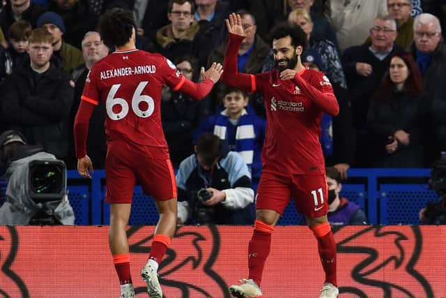 Mo Salah celebrates scoring for Liverpool against Chelsea with Trent Alexander-Arnold. Picture: Liverpool assistant manager Pep Lijnders. Picture: John Powell/Liverpool FC via Getty Images
