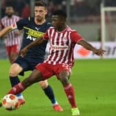 Olympiacos’ Guinean midfielder Aguibou Camara. (Photo by ARIS MESSINIS/AFP via Getty Images)