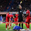 Sadio Mane is shown a yellow card against Chelsea. Picture: Catherine Ivill/Getty Images