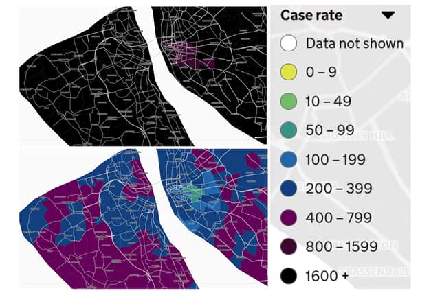 Map of COVID cases in Liverpool City Region comparing latest data from end of December 2021 (top image) to the end of November.