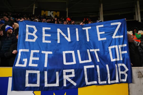 Everton fans raise a banner aimed at Rafa Benitez. Picture: Alex Livesey/Getty Images)