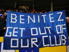 Everton fans raise a banner aimed at Rafa Benitez. Picture: Alex Livesey/Getty Images)