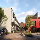 What the bright red Row Houses and Town Houses will look like at East Float,