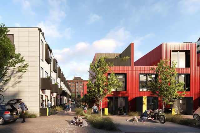 What the bright red Row Houses and Town Houses will look like at East Float,