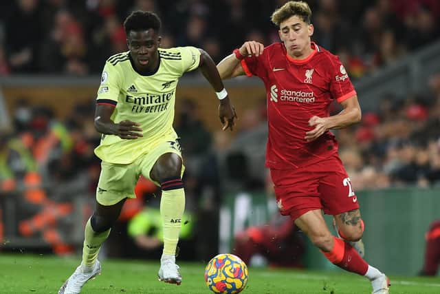 Bukayo Saka in action for Arsenal against Liverpool. Picture: David Price/Arsenal FC via Getty Images
