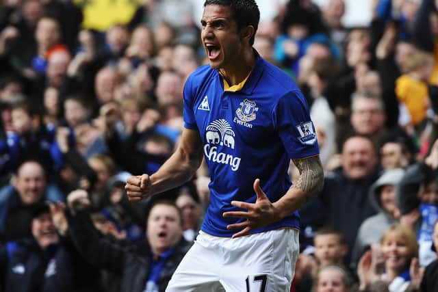 Tim Cahill celebrates scoring for Everton. Picture: Laurence Griffiths/Getty Images
