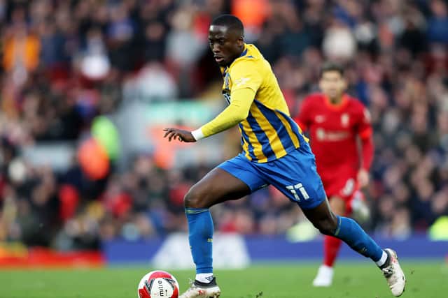 Shrewsbury Town’s Daniel Udoh score their goal in their 4-1 loss to Liverpool