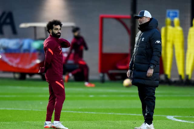 Jurgen Klopp speaks to Mo Salah during Liverpool training Picture: Andrew Powell/Liverpool FC via Getty Images