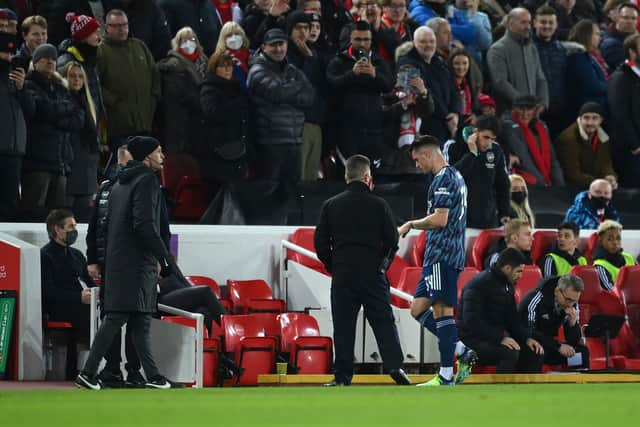 Granit Xhaka leaves the pitch after being sent off for Arsenal. Picture: Michael Regan/Getty Images)