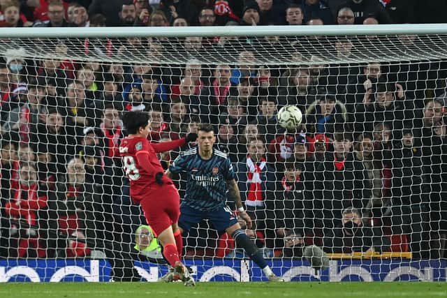 Takumi Minamino missed a golden chance for Liverpool against Arsenal. Picture:  PAUL ELLIS/AFP via Getty Images)