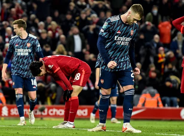 <p> Takumi Minamino and Roberto Firmino during’s Liverpool 0-0 draw against Arsenal. Picture: Andrew Powell/Liverpool FC via Getty Images</p>