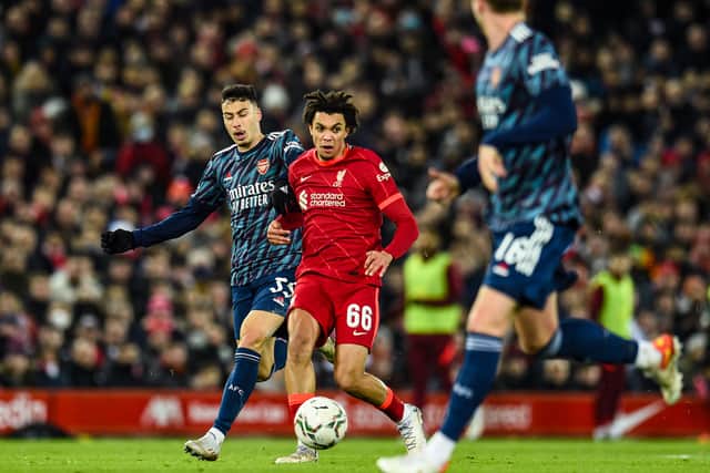 Trent Alexander-Arnold in action against Arsenal. Picture: Andrew Powell/Liverpool FC via Getty Images
