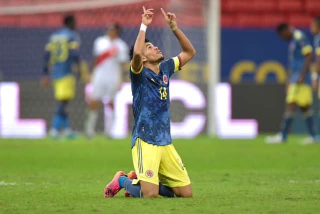 Luis Diaz of Colombia celebrates after winning a Third Place play off match between Peru and Colombia as part of Copa America Brazil 2021 at Mane Garrincha Stadium on July 09, 2021 in Brasilia, Brazil