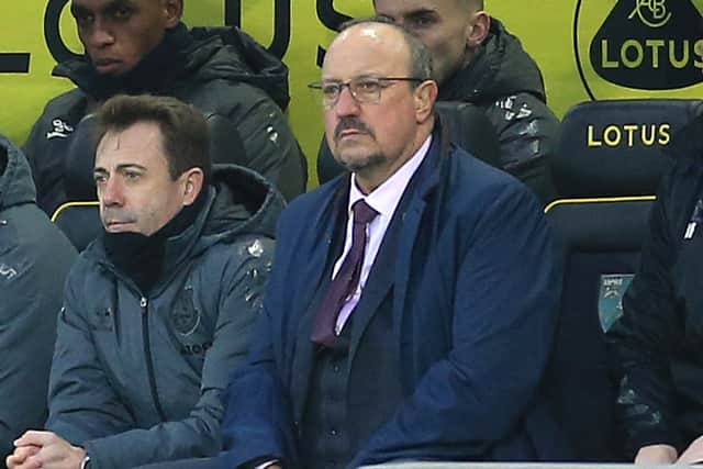 Rafa Benitez looks on during Everton’s loss to Norwich. Picture: Stephen Pond/Getty Images