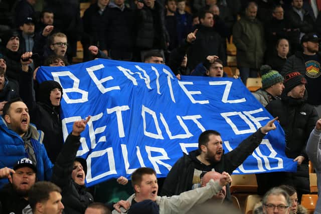 Everton fans raise a banner aimed at Rafa Benitez.  Photo: Stephen Pond/Getty Images