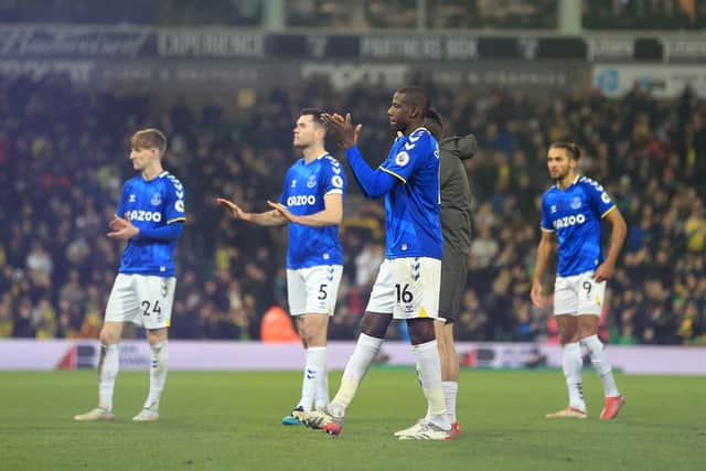 Everton players applaud the travelling fans after the final whistle at Norwich - it didn’t go down well. Photo: Stephen Pond/Getty Images