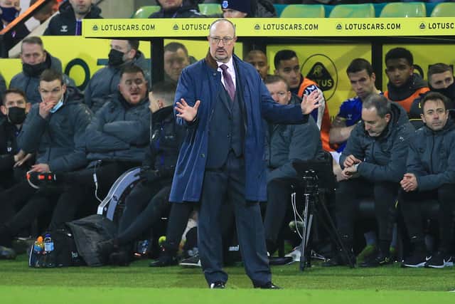 Everton manager Rafael Benitez reacts during the Premier League match against Norwich City. Photo: Stephen Pond/Getty Images