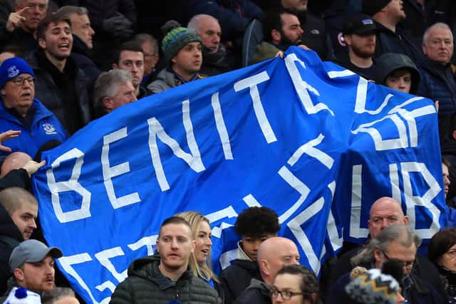 Everton fans raise a banner protesting against Rafa Benitez. Picture: Stephen Pond/Getty Images