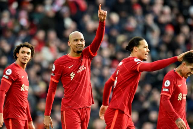 Fabinho celebrates opening the scoring for Liverpool against Brentford. Picture: Andrew Powell/Liverpool FC via Getty Images