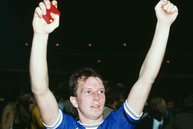 Trevor Steven celebrates Everton’s European Cup Winners’ Cup triumph in 1985. Picture: David Cannon/Allsport/Getty Images/Hulton Archive