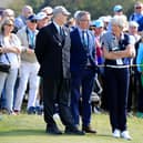 Prince Andrew watches the golf with the lady and men’s captain’s of the Royal Liverpool Golf Club Dr Maureen Richmond and Tudor Williams on the final day of the 2019 Walker Cup Match at Royal Liverpool Golf Club. Photo: David Cannon/Getty Images