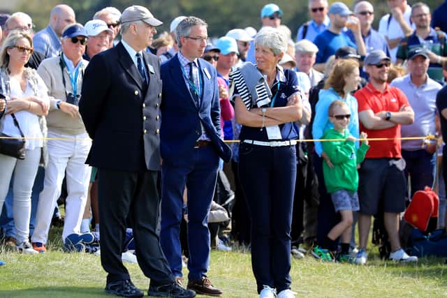 Prince Andrew watches the golf with the lady and men’s captain’s of the Royal Liverpool Golf Club Dr Maureen Richmond and Tudor Williams on the final day of the 2019 Walker Cup Match at Royal Liverpool Golf Club. Photo: David Cannon/Getty Images