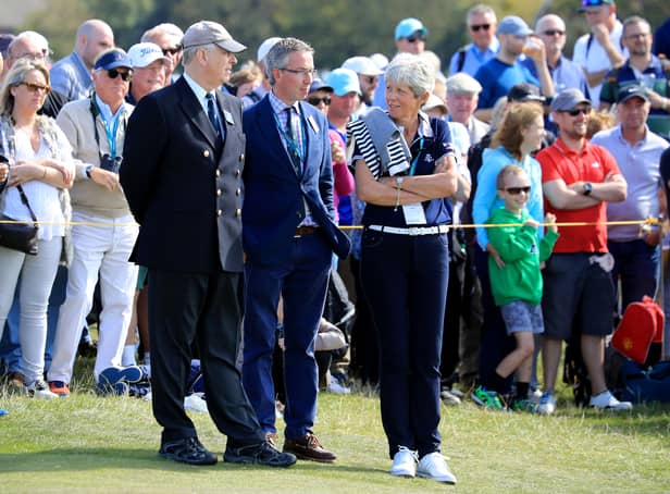<p>Prince Andrew watches the golf with the lady and men’s captain’s of the Royal Liverpool Golf Club Dr Maureen Richmond and Tudor Williams on the final day of the 2019 Walker Cup Match at Royal Liverpool Golf Club. Photo: David Cannon/Getty Images</p>