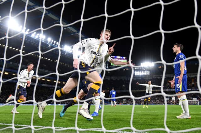 Jarrad Branthwaite celebrates scoring for Everton against Chelsea. Picture: Mike Hewitt/Getty Images