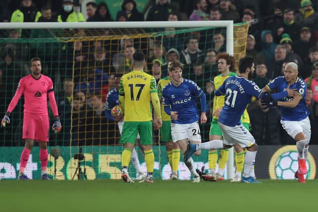 Richarlison, far far, celebrates his goal for Everton against Norwich. Picture: Julian Finney/Getty Images