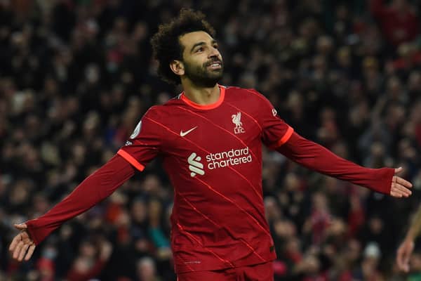 Mo Salah celebrates scoring for Liverpool. Picture: John Powell/Liverpool FC via Getty Images
